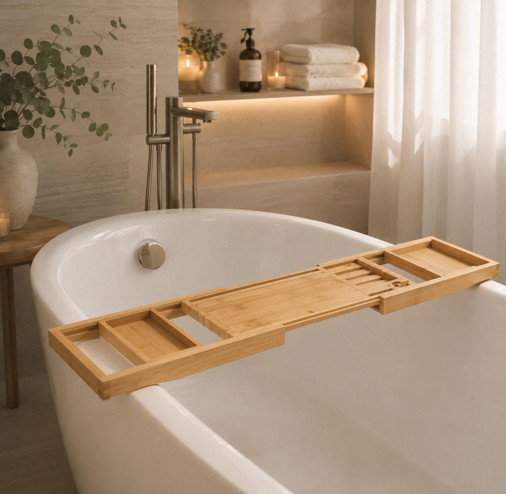 Bathtub Caddy Tray Expandable to 105Cm with Bamboo Book Stand and Soap Tray,