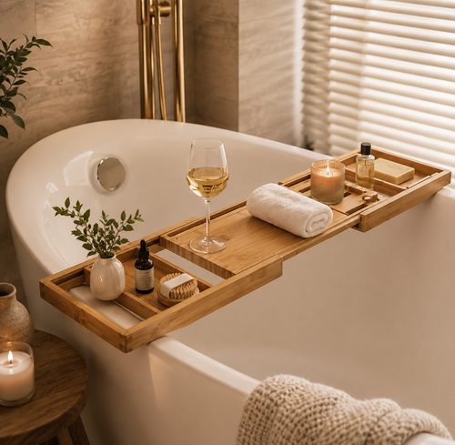 Bathtub Caddy Tray Expandable to 105Cm with Bamboo Book Stand and Soap Tray,