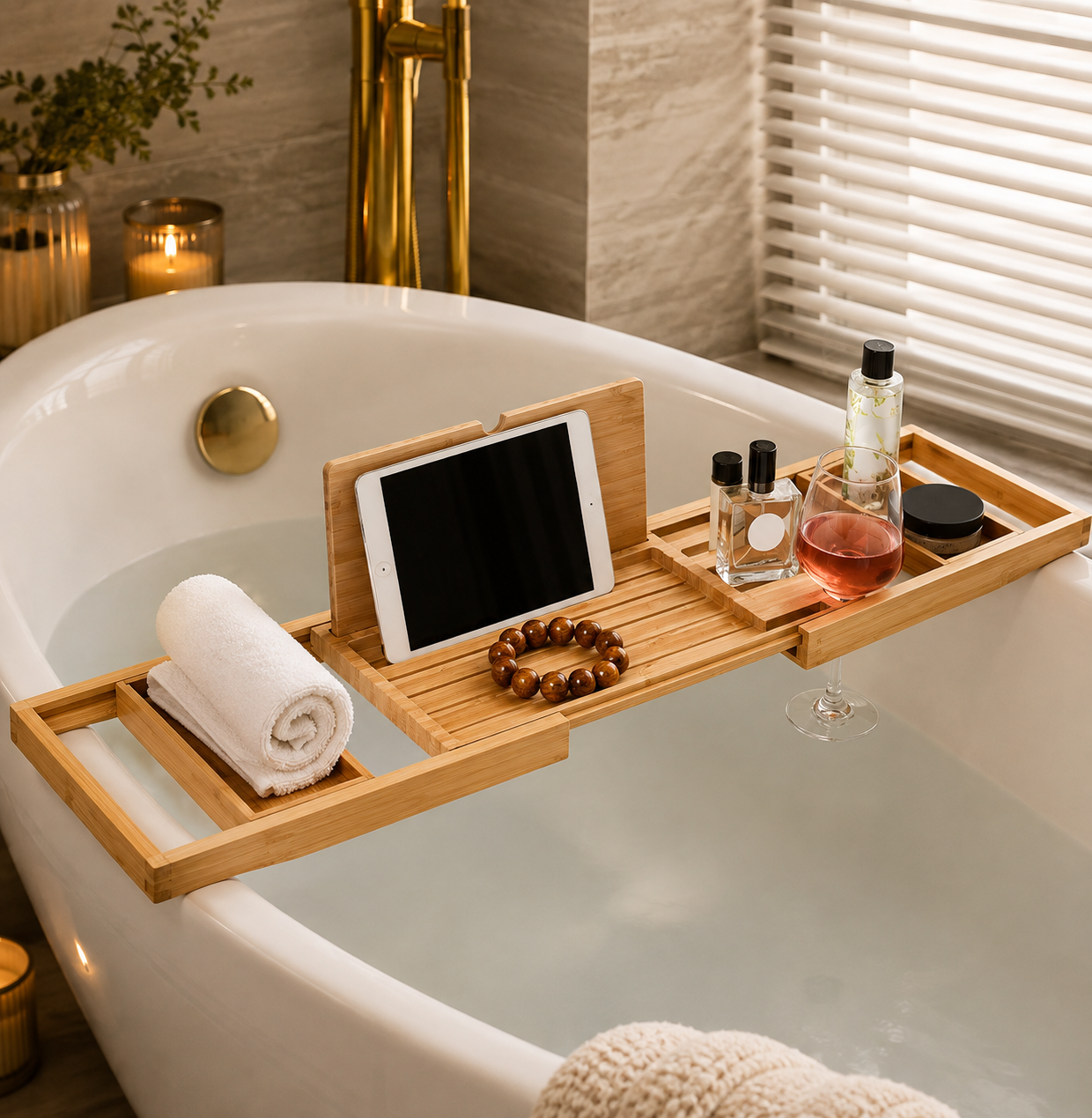 Bathtub Caddy Tray Expandable to 105Cm with Bamboo Book Stand and Soap Tray,