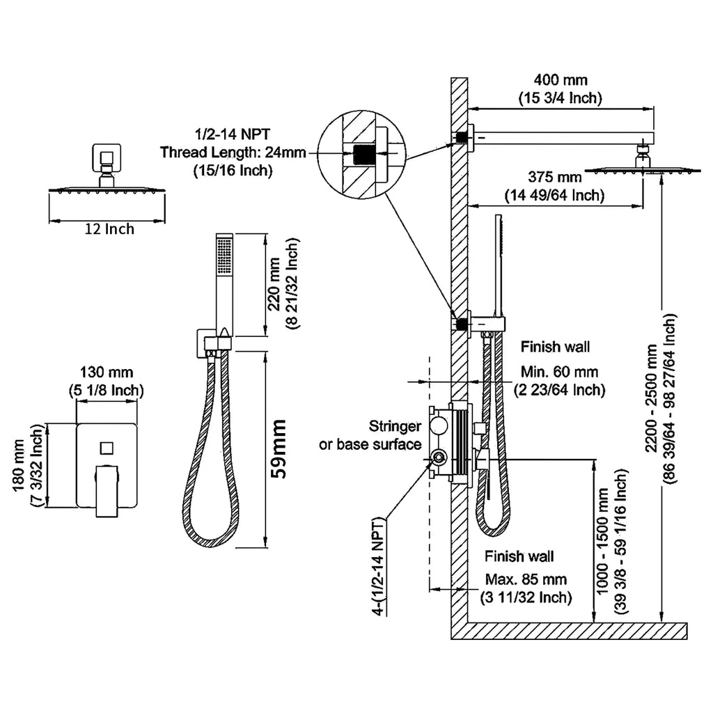 M&E Luxury Rainfall Shower System with Handheld Spray