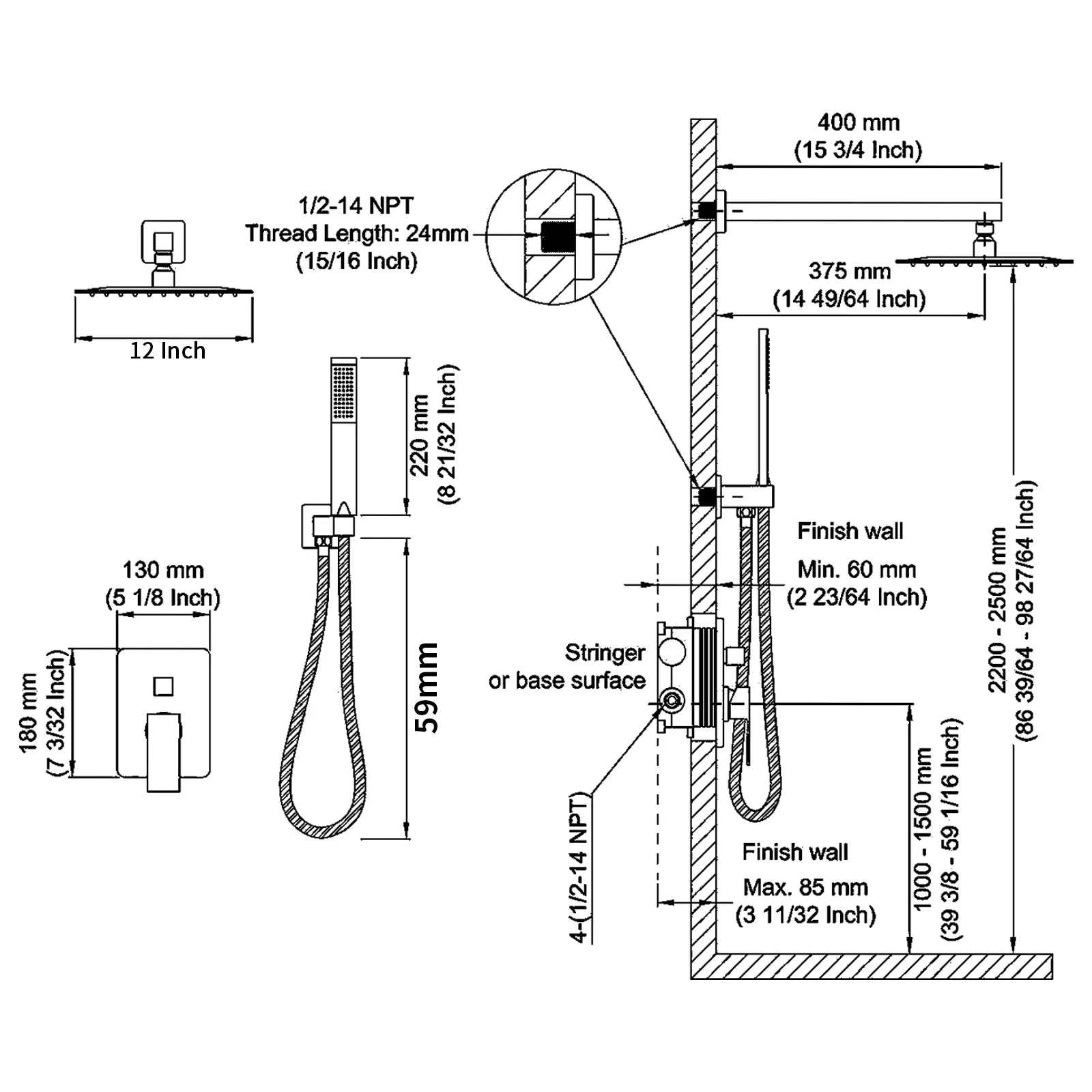 M&E Luxury Rainfall Shower System with Handheld Spray